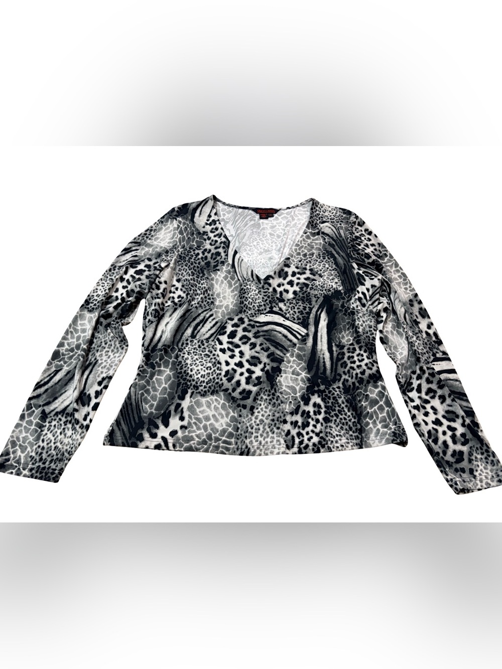 Simon Chang Y2K Animal Print Stretch Long Sleeve V Neck Top XL